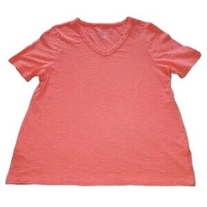 CHICOS ULTIMATE TEE Womens 2/L Slub Knit Short Sleeve V-Neck Stretch Coral Top